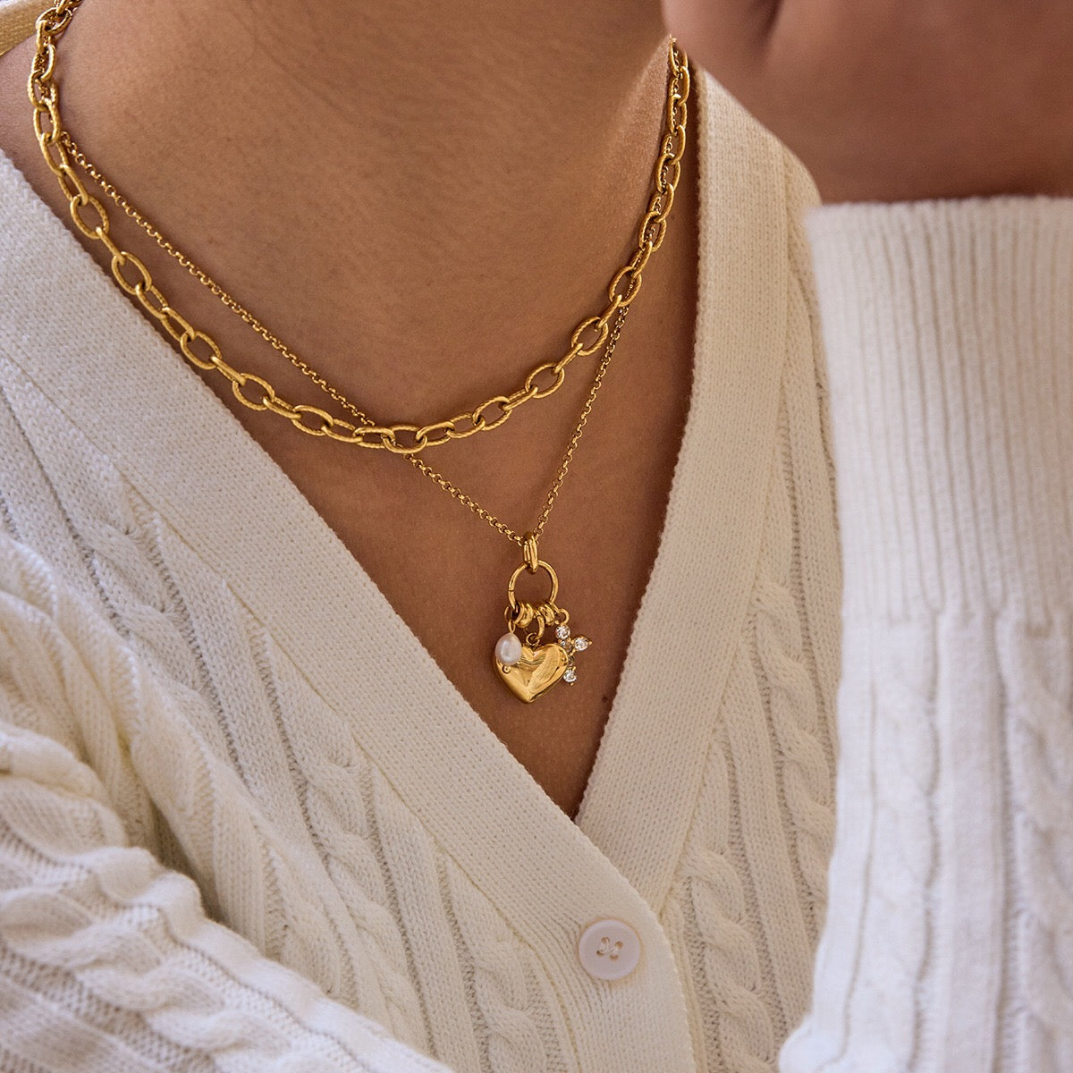 18K Gold Sinfully Yours Heart Cross Pearl Charm Necklace