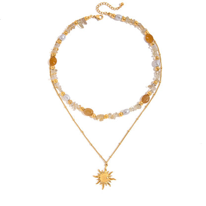18K Gold Sun Pendant Beaded Pearl Layered Necklace Set