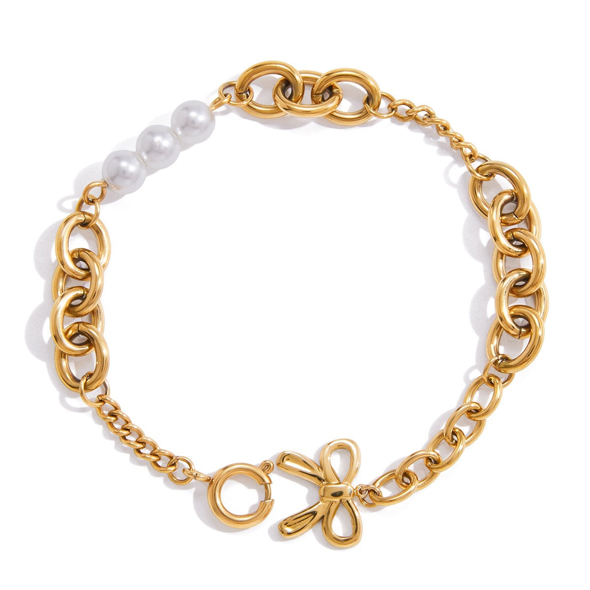 18K Gold Golden Form Pearl Paperclip Chain Bracelet Stack