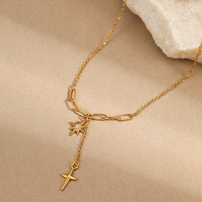 18K Gold Starburst Pendant Chain Lariat Necklace