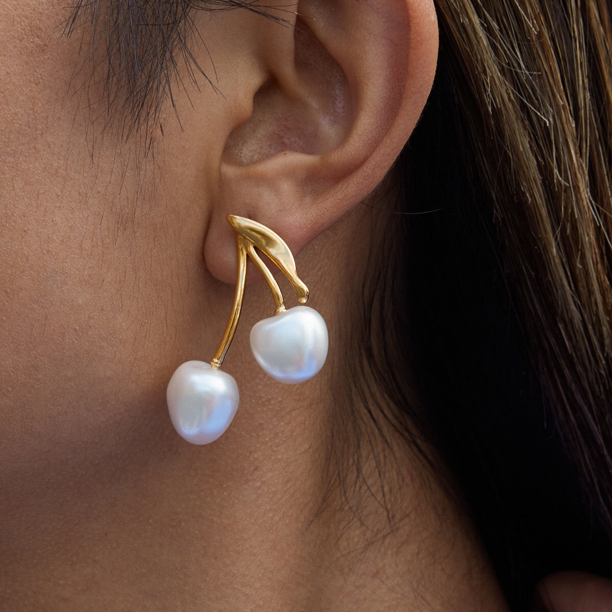 18K Gold Pearl Cherry Statement Dangle Stud Earrings