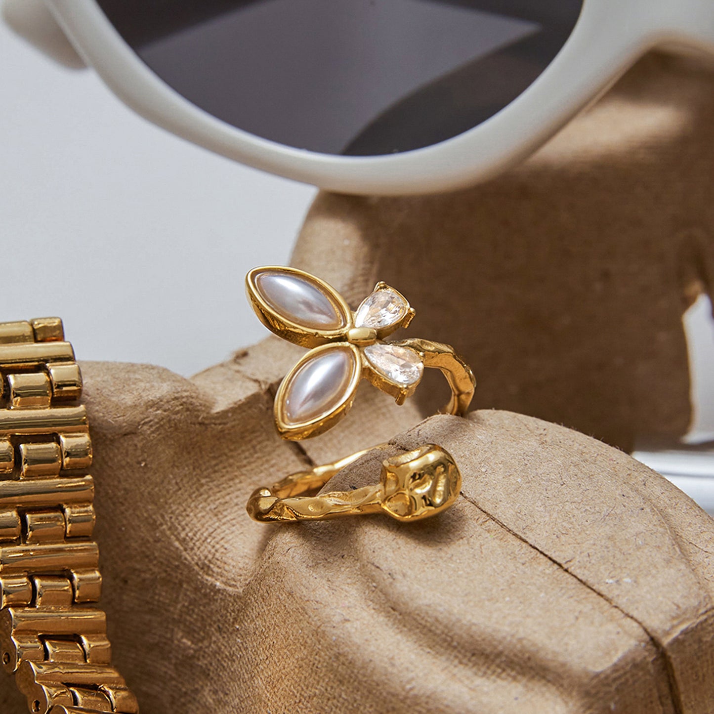 18K Gold Bejeweled Pearl Butterfly Cuff Ring