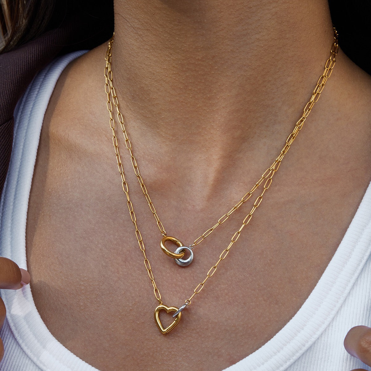 18K Gold and Silver Two Tone Linked Heart Charm Necklace