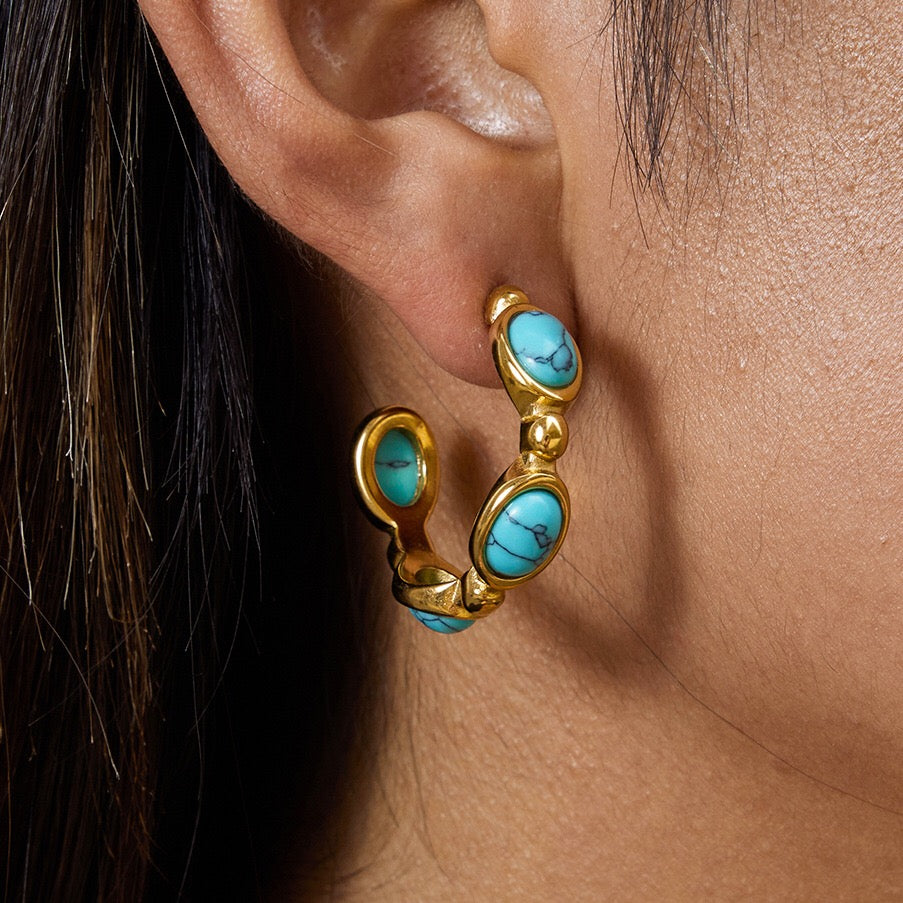 18K Gold Modern Charm Pearl Turquoise Hoop Earrings