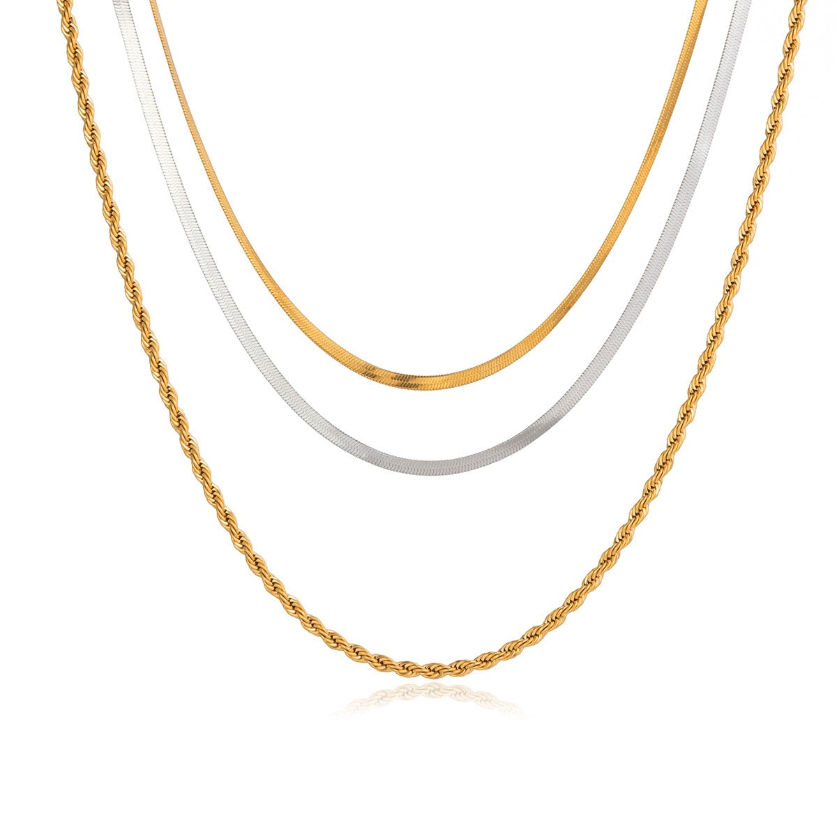 18K Gold and Silver Two Tone Herringbone Snake Rope Chain Layered Necklace Set