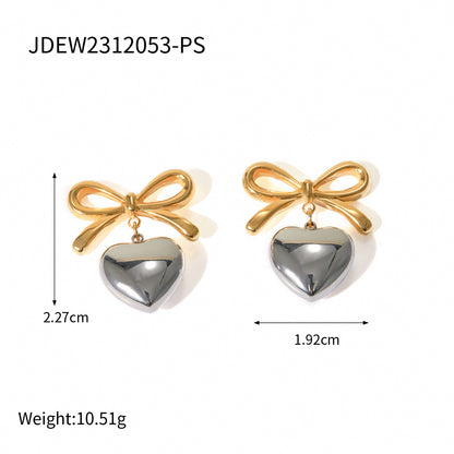 18K Gold Heart And Bow Dangle Earrings