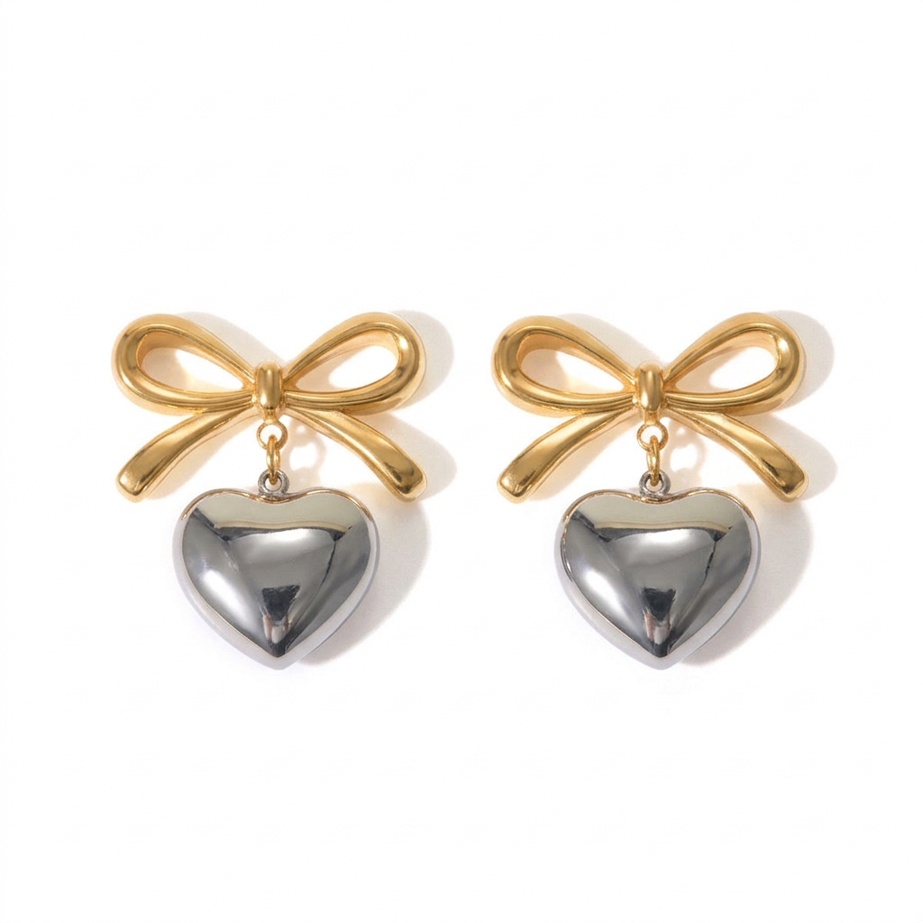 18K Gold Heart And Bow Dangle Stud Earrings