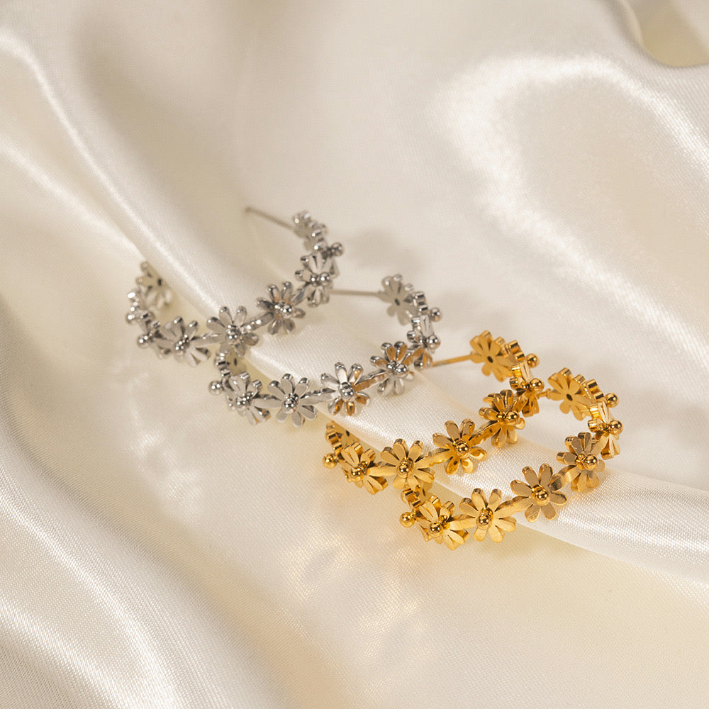 18K Gold Flower Blossom Hoop Huggie Earrings