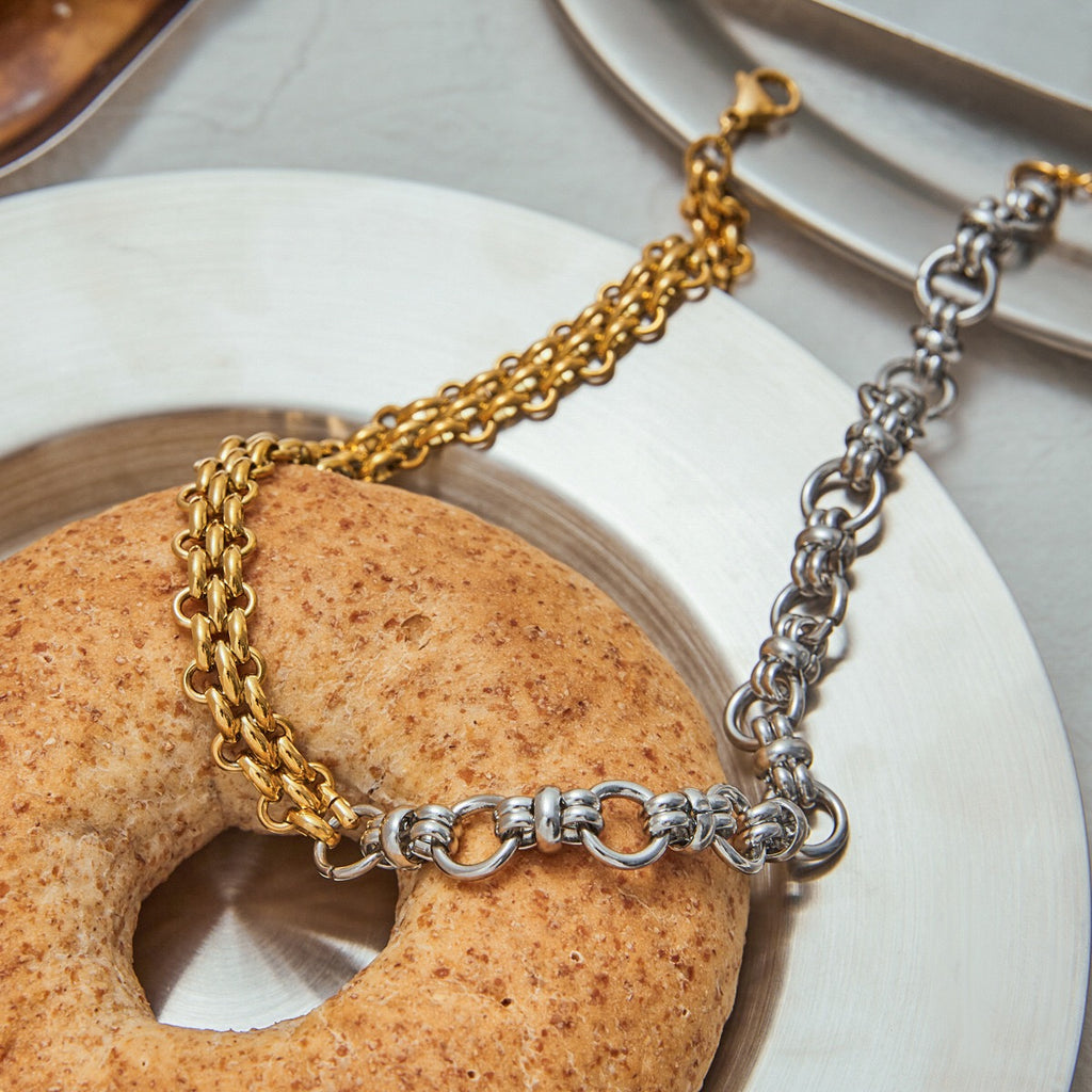 18K Gold and Silver Two Tone Circle Chunky Chain Layered Necklace Set