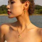 18K Gold Tiger Eye Cross Pendant Necklace