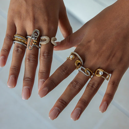 18K Gold Runway Chic Safety Pin CZ Pearl Statement Rings