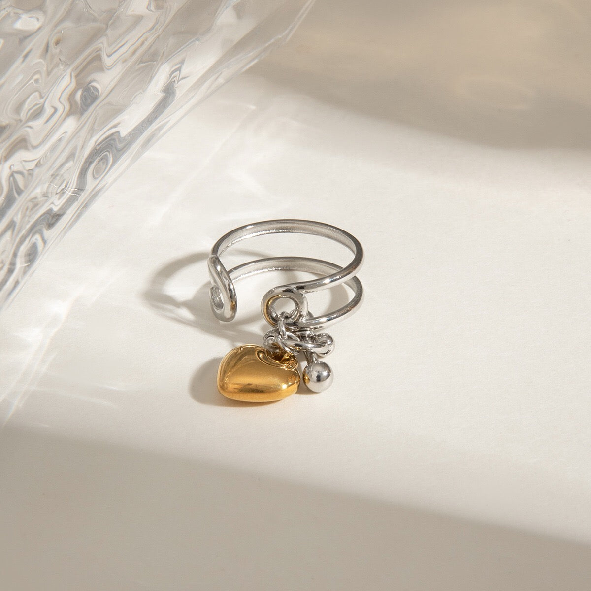 18K Gold and Silver Two Tone Safety Pin Band Heart Charm Ring