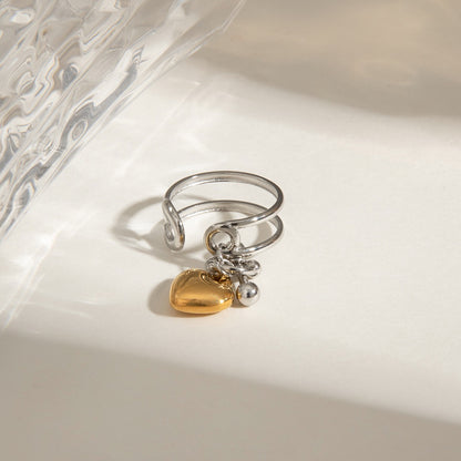 18K Gold and Silver Two Tone Safety Pin Band Heart Charm Ring