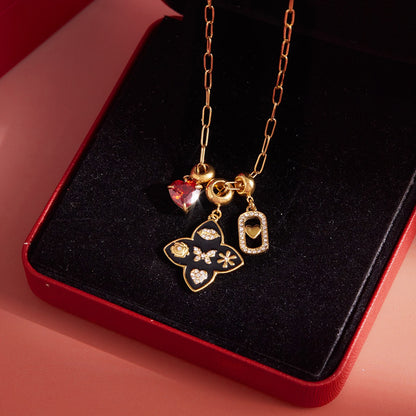 18K Gold Deep Romance Red Heart Pendant Butterfly Flower Charm Necklace