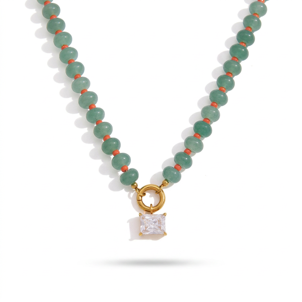 18K Gold Color Therapy Beaded Pendant Necklace