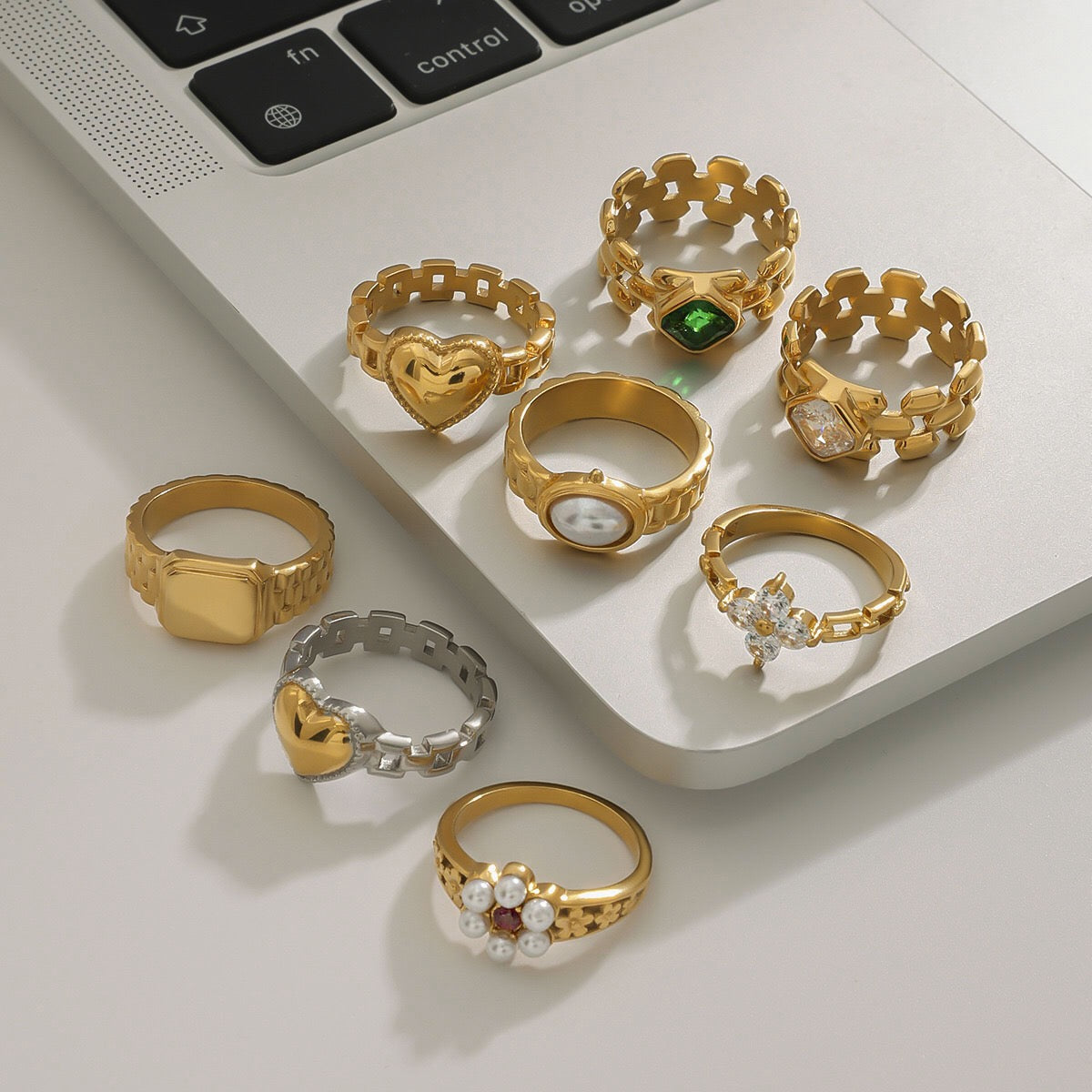 18K Gold Watch Band Flower Heart Statement CZ Stacking Ring