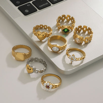 18K Gold Watch Band Flower Heart Statement CZ Stacking Ring
