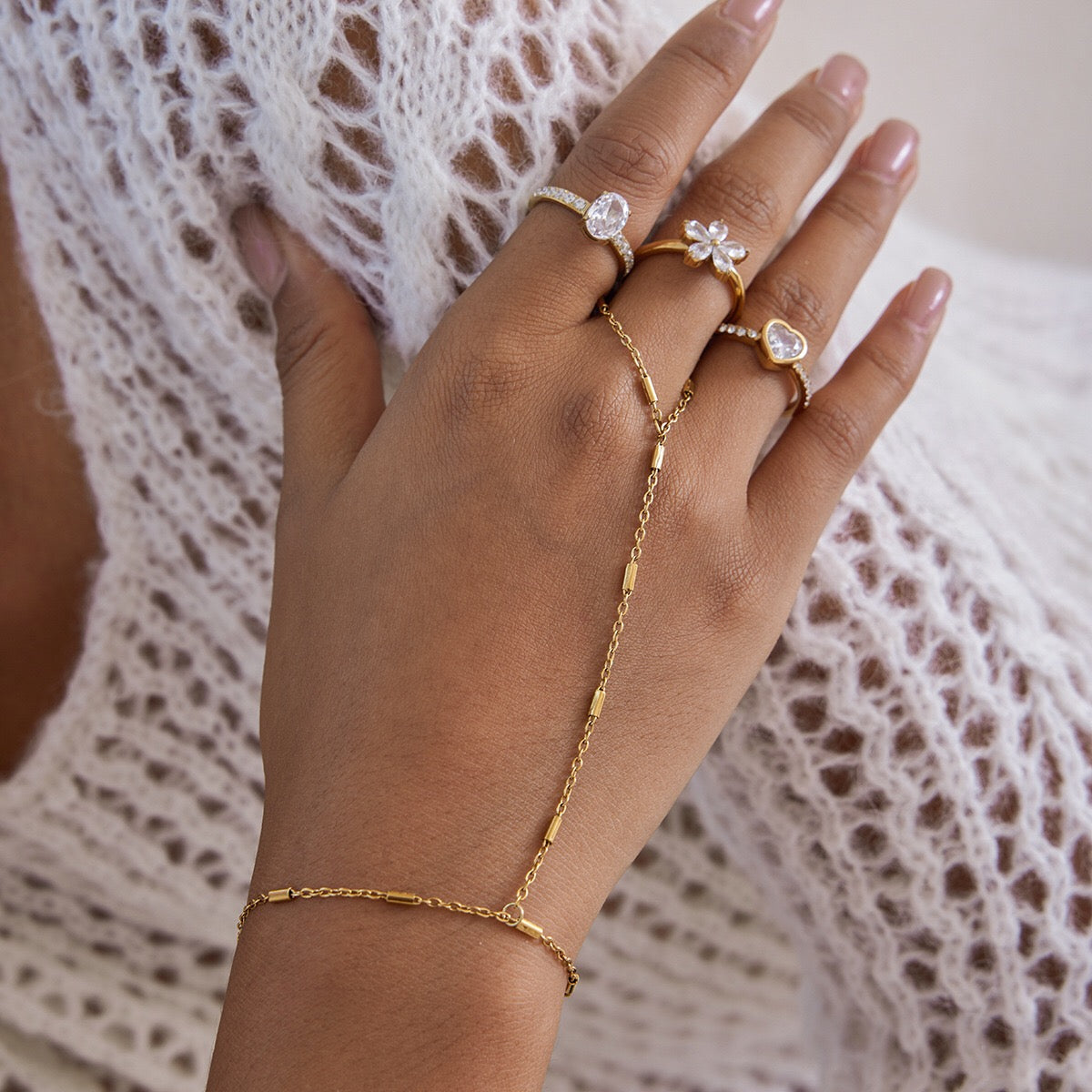 18K Gold Flirt Alert Flower Heart Statement CZ Stacking Ring