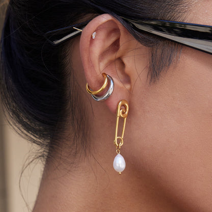 18K Gold Safety Pin Pearl Statement Dangle Stud Earrings