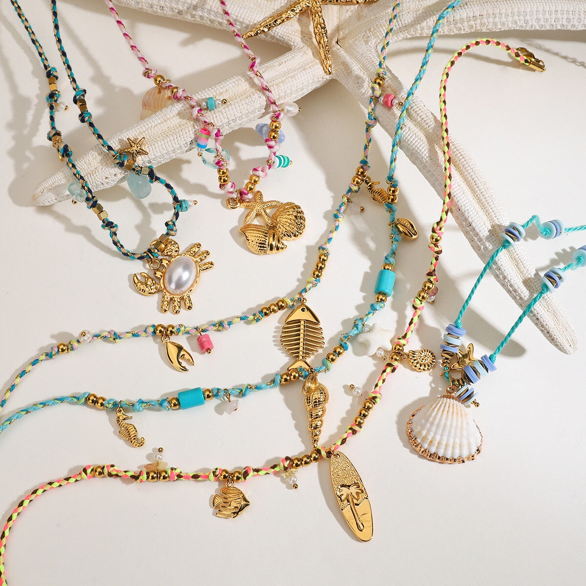 18K Gold Color String Ocean Themed Charm Necklace