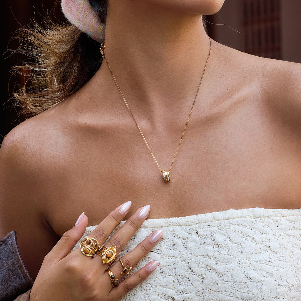 18K Gold Pink Heart Mama Bling Ring Dainty Pendant Necklace