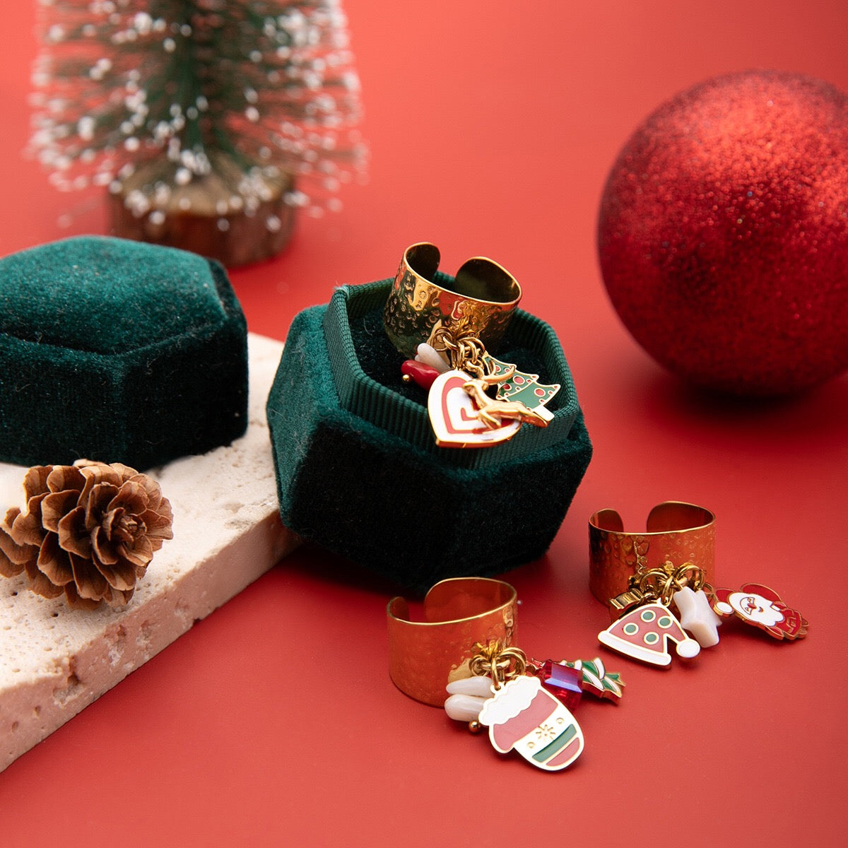 18K Gold Holiday Gleam Christmas Charm Statement Band Ring