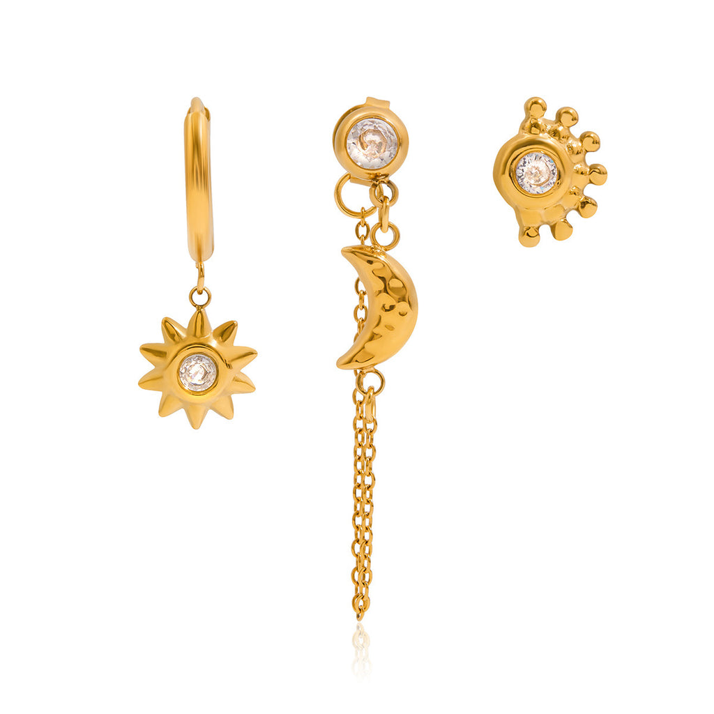 18K Gold Stars and Moon Celestial Huggie Chain Earrings Cartilage Stud Set
