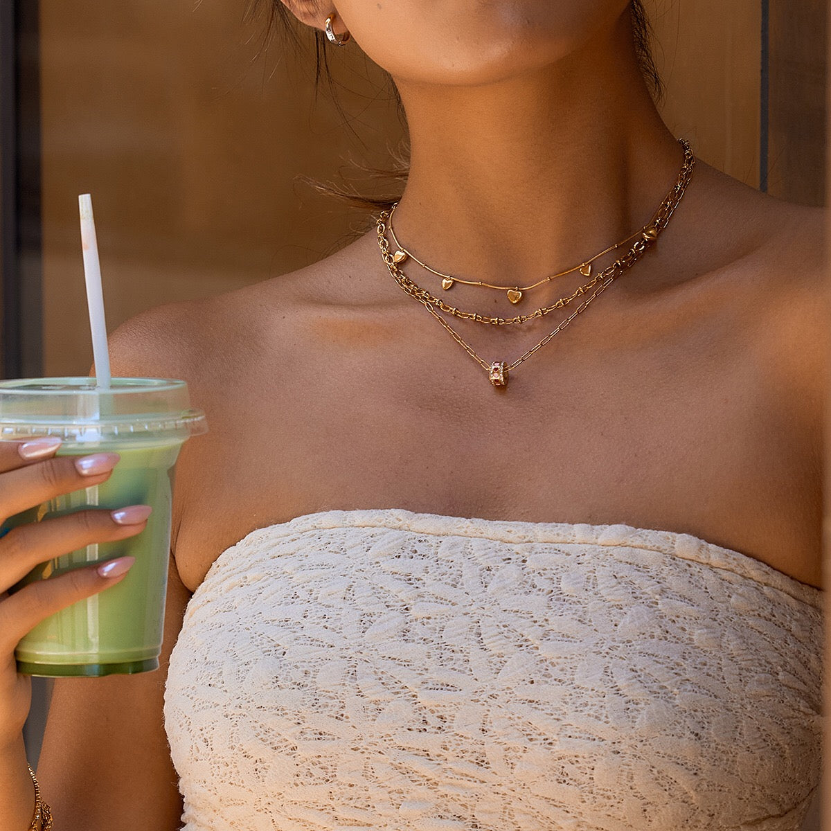 18K Gold Pink Heart Mama Bling Ring Dainty Pendant Necklace