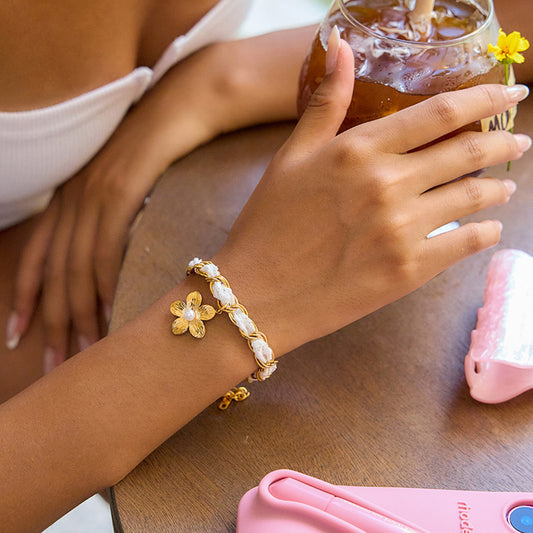 18K Gold Princess Flower Pearl Pendant Ribbon Chain Bracelet