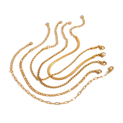 18K Gold Essential Dainty Paperclip Rope Herringbone Snake Chain Bracelet Stacks