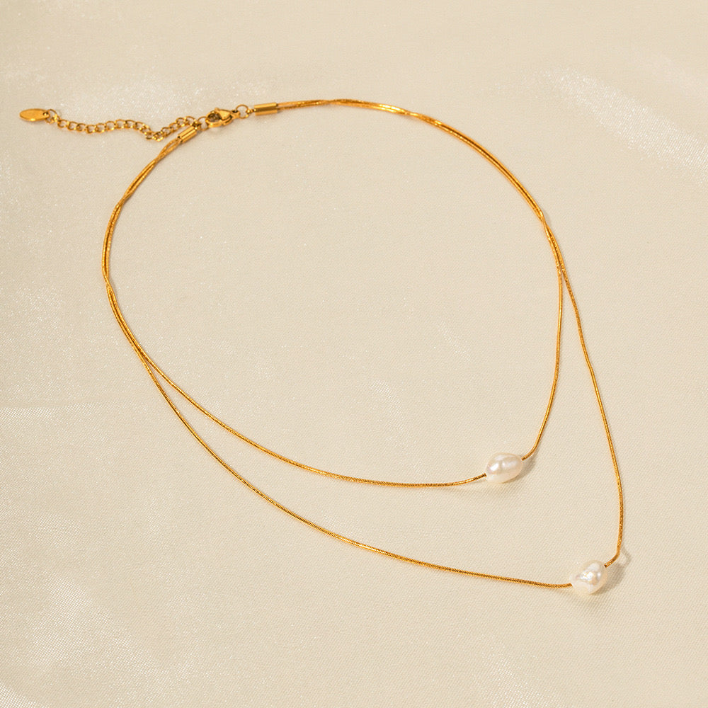 18K Gold Pearl Pendant Layered Necklace