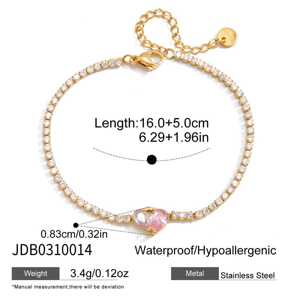 18K Gold Pink Promise Heart Dainty Tennis Chain Bracelet