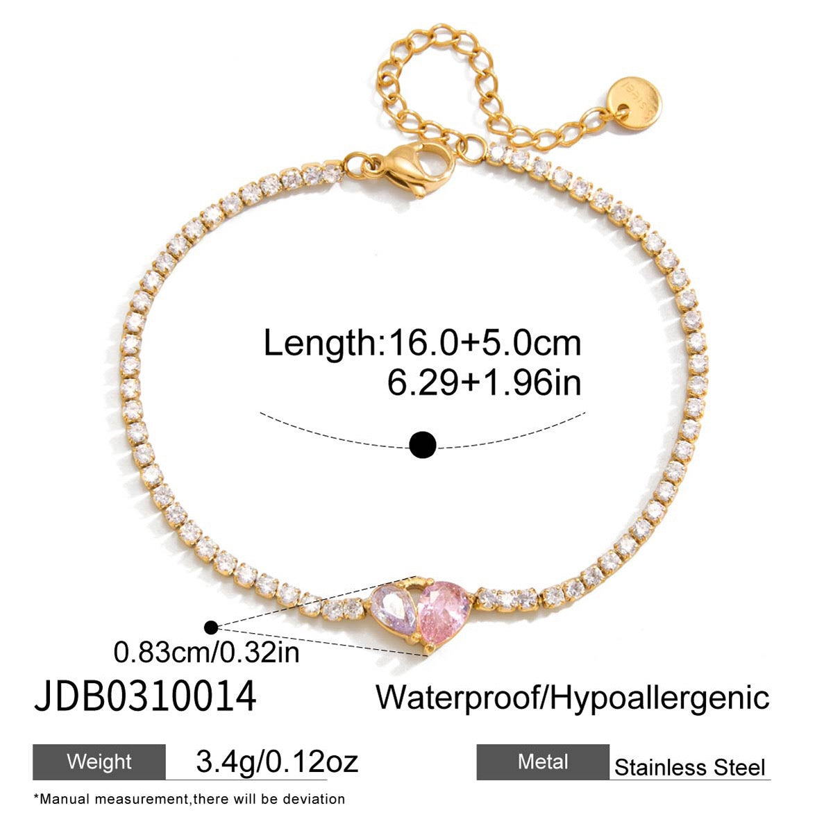 18K Gold Pink Promise Heart Dainty Tennis Chain Bracelet