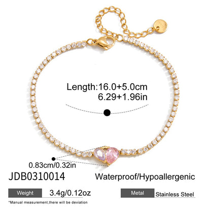18K Gold Pink Promise Heart Dainty Tennis Chain Bracelet