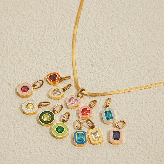 18K Gold Playful Color Birthstone Pendant Herringbone Snake Chain Necklace