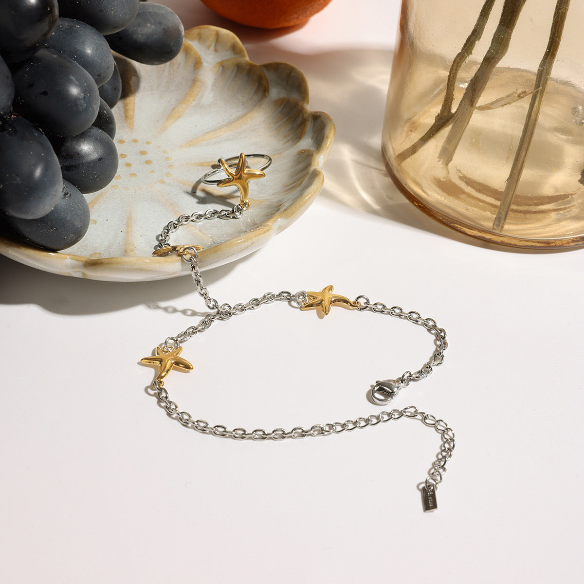 18K Gold Silver Two Tone Waterproof Starfish Hand Jewelry Chain Bracelet