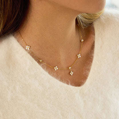 18K Gold Lucky Petal Four Leaf Clover Flower Dainty CZ Necklace