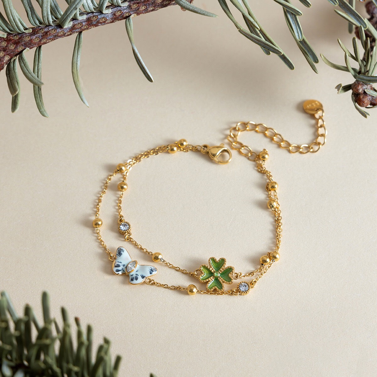 18K Gold Enchanted Garden Flower Dragonfly Butterfly Dainty Bracelet