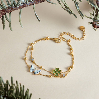 18K Gold Enchanted Garden Flower Dragonfly Butterfly Dainty Bracelet