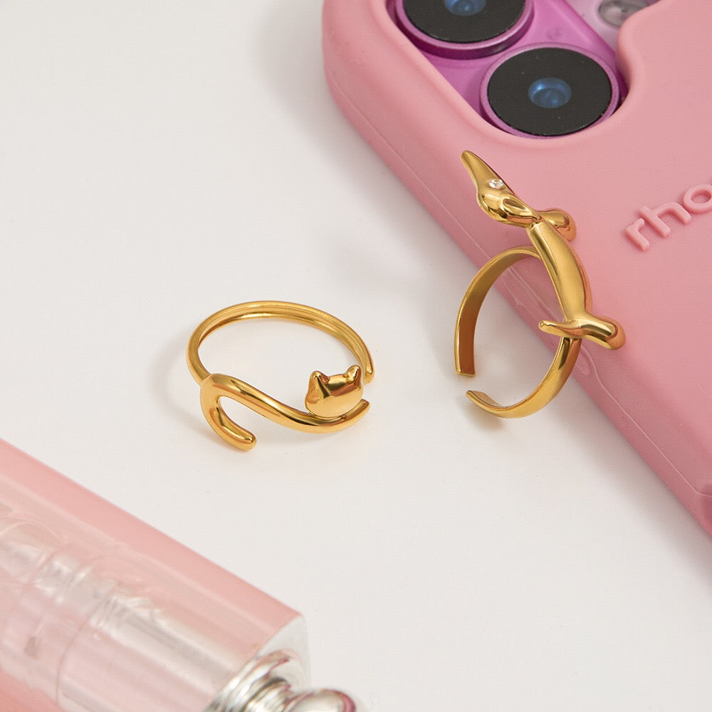 18K Gold Pet Lovers Cat and Dog Stacking Ring
