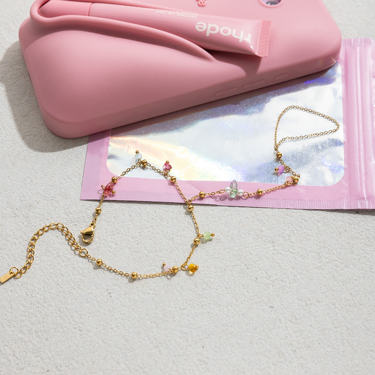 18K Gold Waterproof Pastel Color Beads Dainty Hand Chain Bracelet