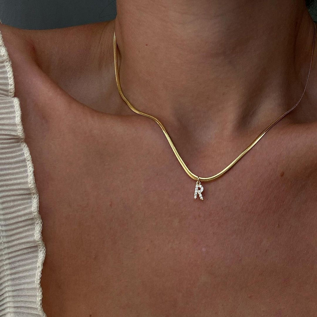 18K Gold Minimalist Glam Herringbone Chain Initial Dainty Necklace