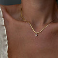 18K Gold Minimalist Glam Herringbone Chain Initial Dainty Necklace