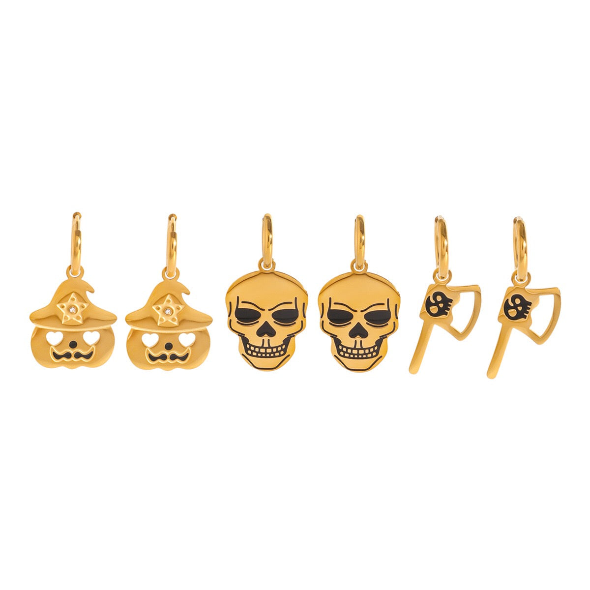 18K Gold Halloween Pumpkin Skull Small Hoop Huggie Earrings with Charm