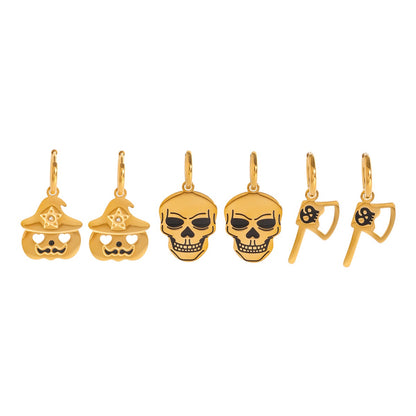 18K Gold Halloween Pumpkin Skull Small Hoop Huggie Earrings with Charm