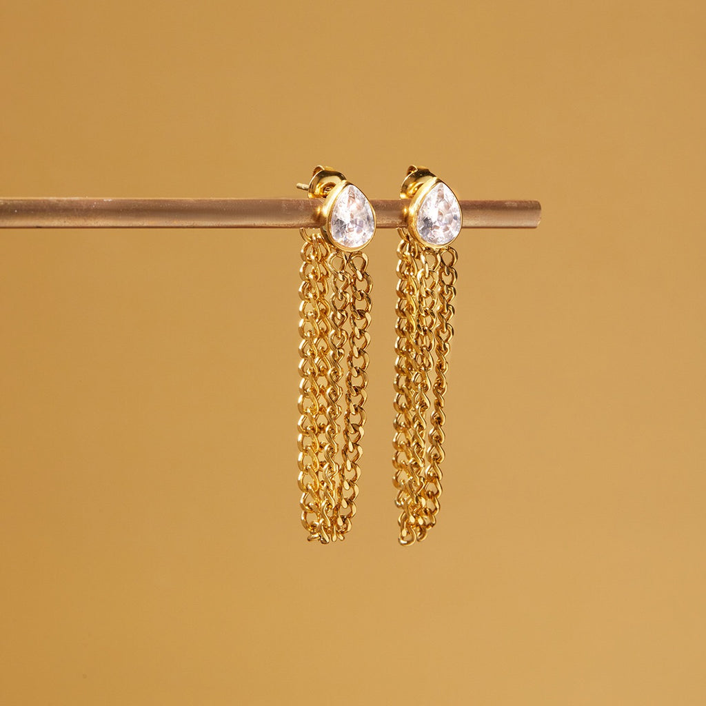 18K Gold Soft Sway Chain Drop Dangle CZ Stud Earrings