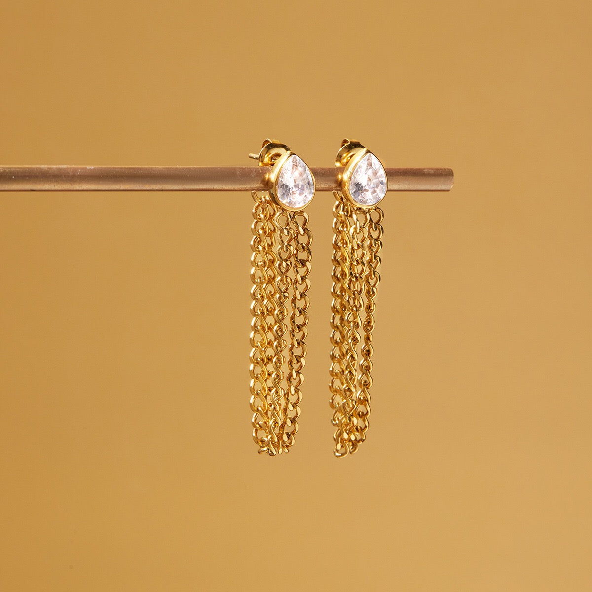 18K Gold Soft Sway Chain Drop Dangle CZ Stud Earrings