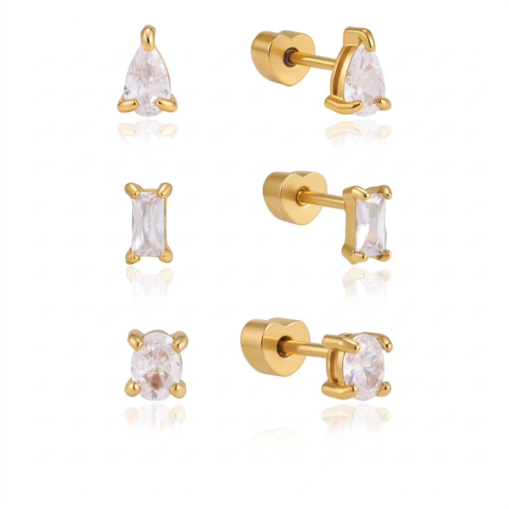 18K Gold Tiny Stars Flat Back Stud Nap Earrings Set
