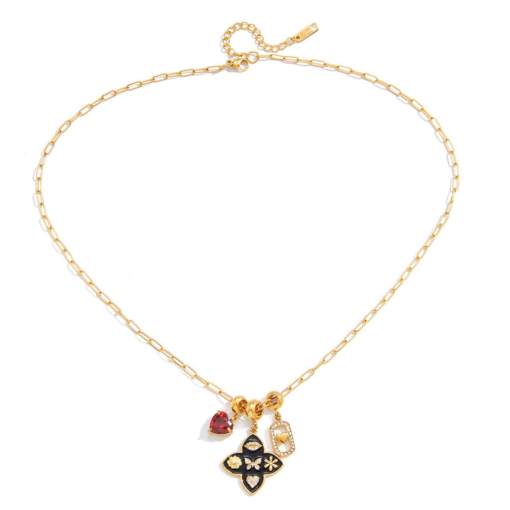 18K Gold Deep Romance Red Heart Pendant Butterfly Flower Charm Necklace