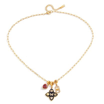 18K Gold Deep Romance Red Heart Pendant Butterfly Flower Charm Necklace